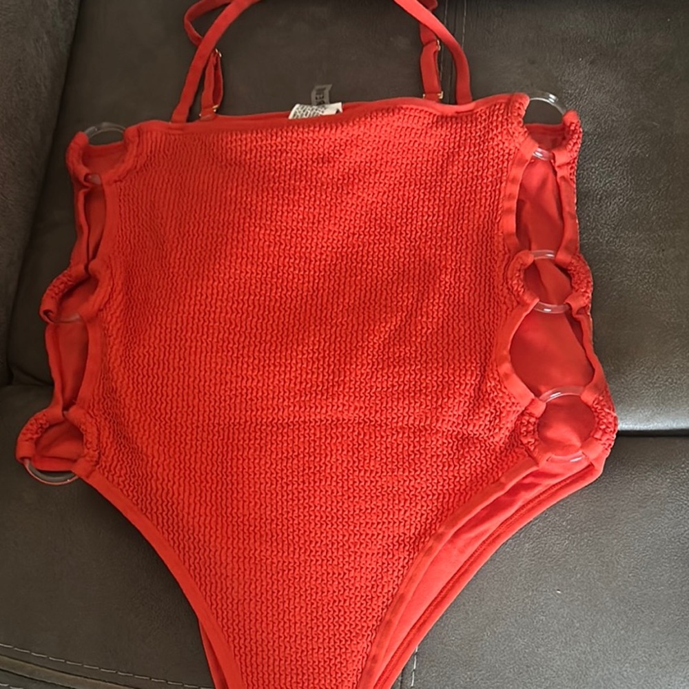 Orange One-Piece Swimsuit with Ring Details